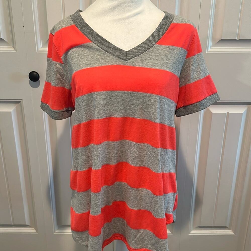 Honeyme Medium Coral/Gray Striped Rugby‎ Short Sleeve Tee